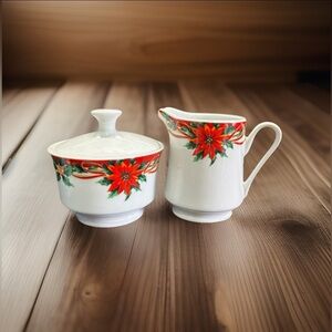 Poinsettia Christmas Creamer and Sugar Dish set by Sunflower  China like new